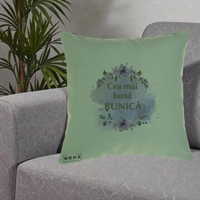 Cadou pentru Bunica - Perna Personalizata Cea Mai Buna Bunica Flori Mov Acuarela Auriu, 40x40 cm, Verde, Husa Detasabila, Perna Inclusa, BEKZ®