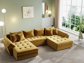 Colțar extensibil dumonde cu ladă de depozitare si sezut confortabil din spuma high-density, Loana U Royal Mustar 355x185 cm