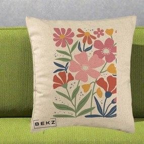 Perna Decorativa Flori Grafice Roz si Terracotta, 40x40 cm, Bej, Husa Detasabila, Perna Inclusa, BEKZ®