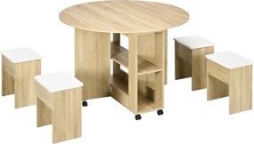 Set dining 4 persoane HOMCOM, masa de bucatarie cu extensie plianta, rotile, 4 scaune, culoare stejar | Aosom RO