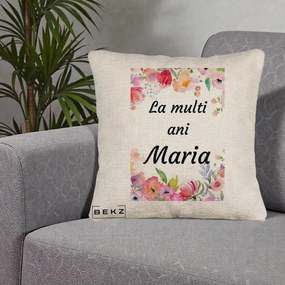 Cadou de Onomastica - Perna Personalizata La Multi Ani Maria Flori Acuarela, 40x40 cm, Bej Canapea, Husa Detasabila, Perna Inclusa, BEKZ®