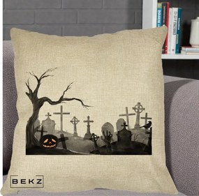 Perna Decorativa Halloween Cimitir Acuarela cu Dovleac, 40x40 cm, Crem, Husa Detasabila, Perna Inclusa, BEKZ®