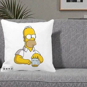 Perna Personalizata Homer Simpson cu Bere, 40x40 cm, Alba Mata, Husa Detasabila, Perna Inclusa, BEKZ®