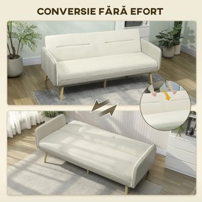 HOMCOM Canapea Extensibilă 3 Locuri Convertibilă cu Cotiere din PU, Colțar Reclinabil Clic Clac în Catifea cu Picioare Metalice și Cadru din Lemn, pentru Living sau Dormitor, 185x84x83 cm, Bej | Aosom Romania