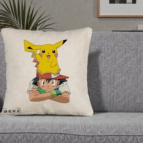 Perna Personalizata Ash si Pikachu, 40x40 cm, Bej Canapea, Husa Detasabila, Perna Inclusa, BEKZ®