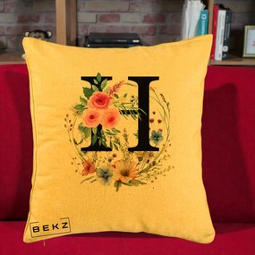 Cadou Personalizat - Perna Personalizata Monogram Litera H cu Flori Acuarela, 40x40 cm, Galben, Husa Detasabila, Perna Inclusa, BEKZ®