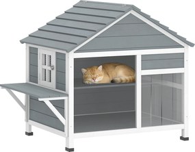 PawHut Casă pentru Pisici Exterioară cu Acoperiș Deschizabil, Fereastră Panoramică, Ușă cu Obloane și Platformă de Odihnă 101x72,5x81cm Gri | Aosom Romania