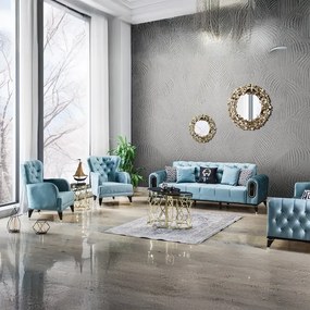 Canapea extensibila 3 locuri 225x89x90 cm – stofa albastra, detalii aurii – Salsa