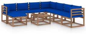 Set mobilier de gradina cu perne albastre, 9 piese Albastru, 3x colt + 4x mijloc + suport pentru picioare + masa, 1