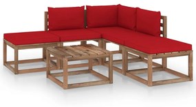 Set mobilier de gradina, 6 piese, cu perne ,rosu Rosu, colt + 2x mijloc + 2x suport pentru picioare + masa, 1