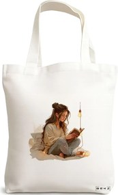 Sacosa de Panza pentru Cumparaturi, Geanta Tote, model The bookie girl 15 38 x 34.5 cm, Alba, BEKZ®