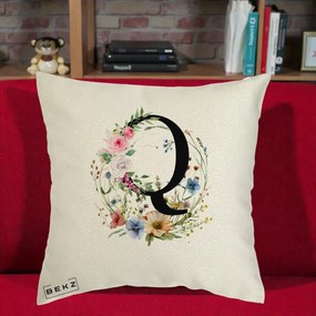 Cadou Personalizat - Perna Personalizata Monogram Litera Q cu Flori Acuarela, 40x40 cm, Ecru, Husa Detasabila, Perna Inclusa, BEKZ®