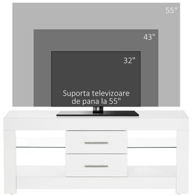HOMCOM Comodă TV Modernă 55" cu LED RGB (12 Culori), Telecomandă Inclusă, Lemn cu Etajere din Sticlă, Dimensiune 120x40x50cm, Alb | Aosom Romania