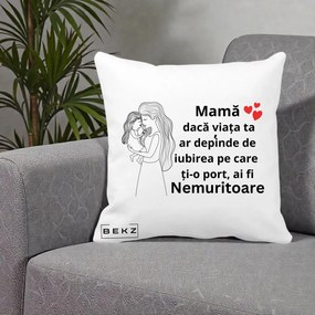 Cadou pentru Mama - Perna Personalizata Mama Nemuritoare cu Copilul in Poala, 40x40 cm, Alba Mata, Husa Detasabila, Perna Inclusa, BEKZ®