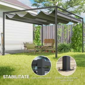 Outsunny Pergolă Gazebo 4x3 m cu Acoperiș Retractabil, Orificii de Drenaj, Țepușe și Șuruburi, Pergolă pentru Grădină din Poliester și Metal, Gri Închis | Aosom Romania