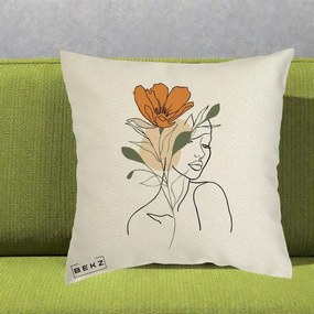 Perna Decorativa Portret Feminin Floare Portocalie, 40x40 cm, Ecru, Husa Detasabila, Perna Inclusa, BEKZ®