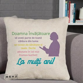 Cadou pentru Invatatoare - Perna Personalizata Doamna Invatatore La Multi Ani cu Silueta si Text Colorat, 40x40 cm, Bej Canapea, Husa Detasabila, Perna Inclusa, BEKZ®