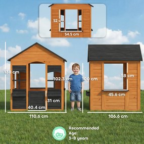 AIYAPLAY Căsuță pentru copii în aer liber din lemn, casă exterioară pentru copii, ușă pe jumătate, ferestre, jardiniere, 3-8 ani, maro deschis | Aosom Romania