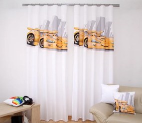Draperie albă 3D pentru o cameră de copii cu model de mașină de jucărie galbenă și contururile orașului Lăţime: 160 cm | Lungime: 250 cm (într-un set de 2 bucăți)