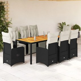 3277132 vidaXL Set bistro de grădină, 9 piese, cu perne, negru, poliratan