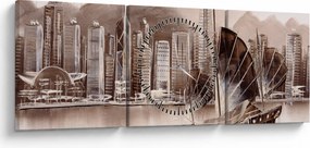 Tablou - Victoria Harbour, Hong Kong, efect sepia (cu ceas) (90x30 cm)