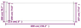 Copertina laterala retractabila de terasa, gri, 200x600 cm Gri, 200 x 600 cm