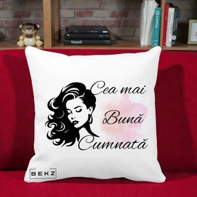 Cadou pentru Cumnata - Perna Personalizata Cea mai Buna Cumnata cu Silueta Dama si Pete Roz, 40x40 cm, Alba Mata, Husa Detasabila, Perna Inclusa, BEKZ®