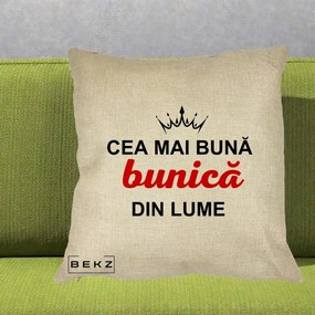 Cadou pentru Bunica - Perna Personalizata Cea Mai Buna Bunica Din Lume Coroana Neagra, 40x40 cm, Crem, Husa Detasabila, Perna Inclusa, BEKZ®