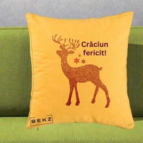 Perna Decorativa Ren Sclipitor Glitter Craciun Fericit, 40x40 cm, Galben, Husa Detasabila, Perna Inclusa, BEKZ®