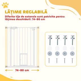 PawHut Poartă Reglabilă pentru Câini cu Ușă Mică și Montaj prin Presiune, 74-80x91.4 cm, Alb | Aosom Romania