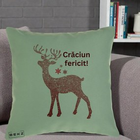 Perna Decorativa Ren Sclipitor Glitter Craciun Fericit, 40x40 cm, Verde, Husa Detasabila, Perna Inclusa, BEKZ®