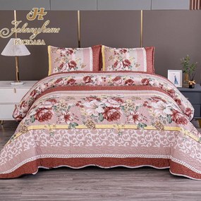 Cuvertura pentru pat dublu cu 2 fete  matlasata  Bumbac Satinat Superior  Maro  flori  animal print