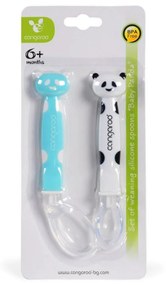 Set 2 lingurite din silicon pentru bebelusi NOVOKIDS™ Baby Panda BOY, de la 6 luni, lingura mare, lingura mica, manere lungi, Albastru
