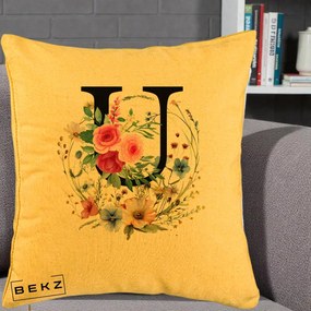 Cadou Personalizat - Perna Personalizata Monogram Litera U cu Flori Acuarela, 40x40 cm, Galben, Husa Detasabila, Perna Inclusa, BEKZ®