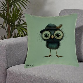 Perna Decorativa Pui Misterios cu Palarie Neagra, 40x40 cm, Verde, Husa Detasabila, Perna Inclusa, BEKZ®