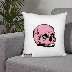 Perna Decorativa Craniu Roz Tatoo Art Halloween, 40x40 cm, Alb Pufos, Husa Detasabila, Perna Inclusa, BEKZ®