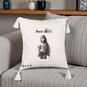 Perna Personalizata Steins Gate Kurisu Makise Anime, 40x40 cm, Bej cu Franjuri, Husa Detasabila, Perna Inclusa, BEKZ®