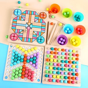 Joc de masă din lemn 3 în 1, puzzle-uri cu bile, șah zburător