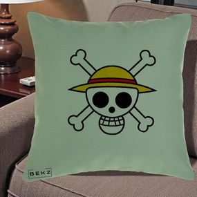 Perna Personalizata One Piece Jolly Roger Straw Hat Pirates, 40x40 cm, Verde, Husa Detasabila, Perna Inclusa, BEKZ®