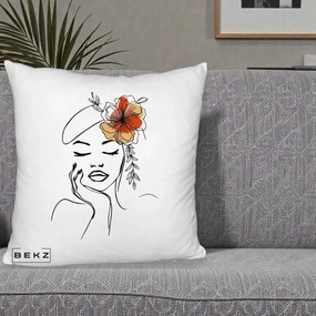Perna Decorativa Portret Feminin Flori Palarie, 40x40 cm, Alb Pufos, Husa Detasabila, Perna Inclusa, BEKZ®