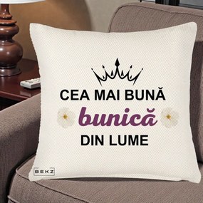 Cadou pentru Bunica - Perna Personalizata Cea Mai Buna Bunica Din Lume Coroana Mov Flori, 40x40 cm, Crem Reliefat, Husa Detasabila, Perna Inclusa, BEKZ®