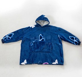 Patura cu maneci si gluga, imitatie de miel VIOLET BUTTERFLY, albastru inchis