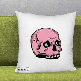 Perna Decorativa Craniu Roz Tatoo Art Halloween, 40x40 cm, Alb Pufos, Husa Detasabila, Perna Inclusa, BEKZ®