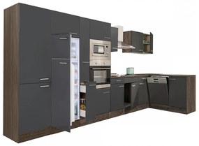 Mobilă de bucătărie de colț Yorki 430, corp din stejar Yorki, față antracit satinat, frigider cu congelator superior