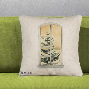 Perna Decorativa Fereastra cu Brad de Iarna, 40x40 cm, Bej Canapea, Husa Detasabila, Perna Inclusa, BEKZ®