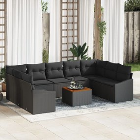 vidaXL Set de canapea de grădină cu 10 piese, perne incluse, rattan poly negru și lemn de acacia.