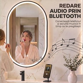 HOMCOM Oglindă de Baie Ovală cu LED 70x100 cm, Bluetooth, Memorie, Butoane Tactile, Antiaburire | Aosom Romania