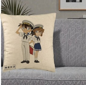 Perna Personalizata Detective Conan Conan si Ai Sailor, 40x40 cm, Bej, Husa Detasabila, Perna Inclusa, BEKZ®