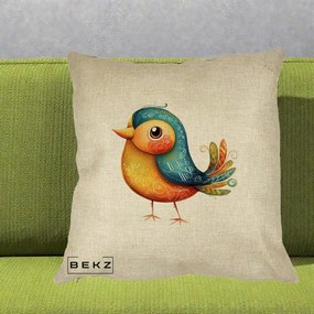 Perna Decorativa Pasare Folk Art Portocalie-Teal, 40x40 cm, Crem, Husa Detasabila, Perna Inclusa, BEKZ®