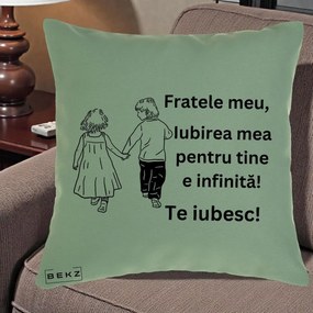 Cadou pentru Frate - Perna Personalizata Fratele Meu Te Iubesc Copii Tinand Maini Varianta 2, 40x40 cm, Verde, Husa Detasabila, Perna Inclusa, BEKZ®